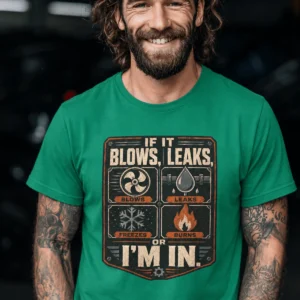 HVAC Technician T‑Shirt — "If It Blows, Leaks, Freezes or Burns I'm In" Retro Tradesmen Tee — kelly t-shirt, model photo | Pressure Tested Co