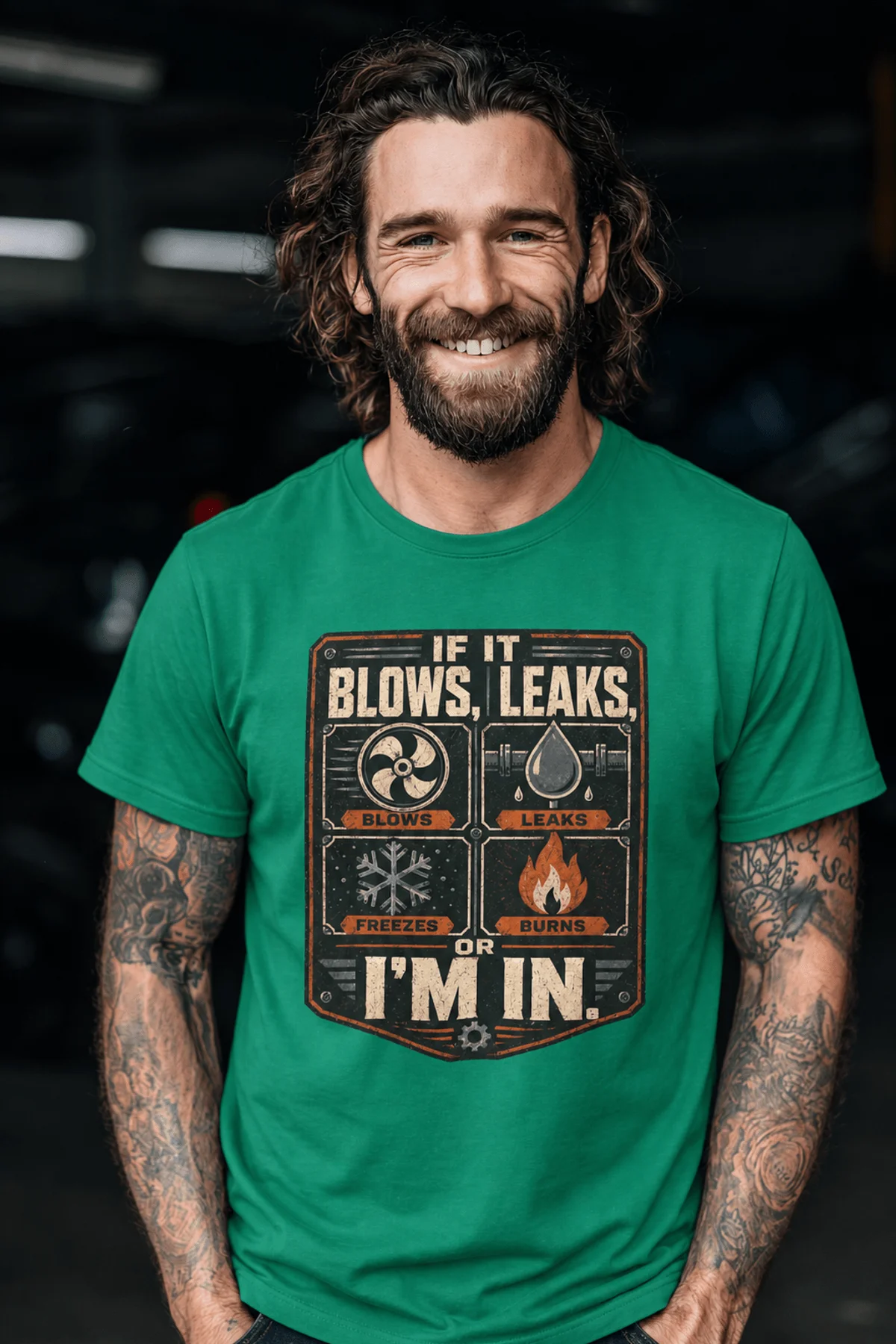 HVAC Technician T‑Shirt — "If It Blows, Leaks, Freezes or Burns I'm In" Retro Tradesmen Tee — kelly — Model HVAC Technician T‑Shirt — "If It Blows, Leaks, Freezes or Burns I'm In" Retro Tradesmen Tee — kelly t-shirt, model photo | Pressure Tested Co