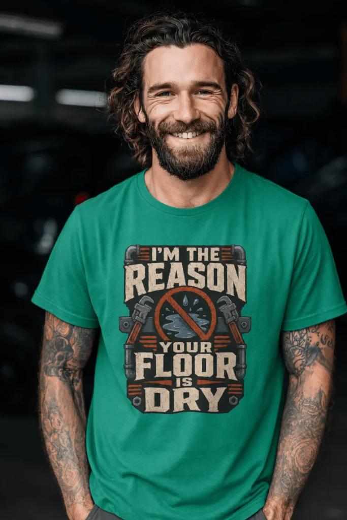 Plumber T‑Shirt – "I'm the Reason Your Floor Is Dry" Vintage Plumbing Tee — kelly t-shirt, model photo | Pressure Tested Co