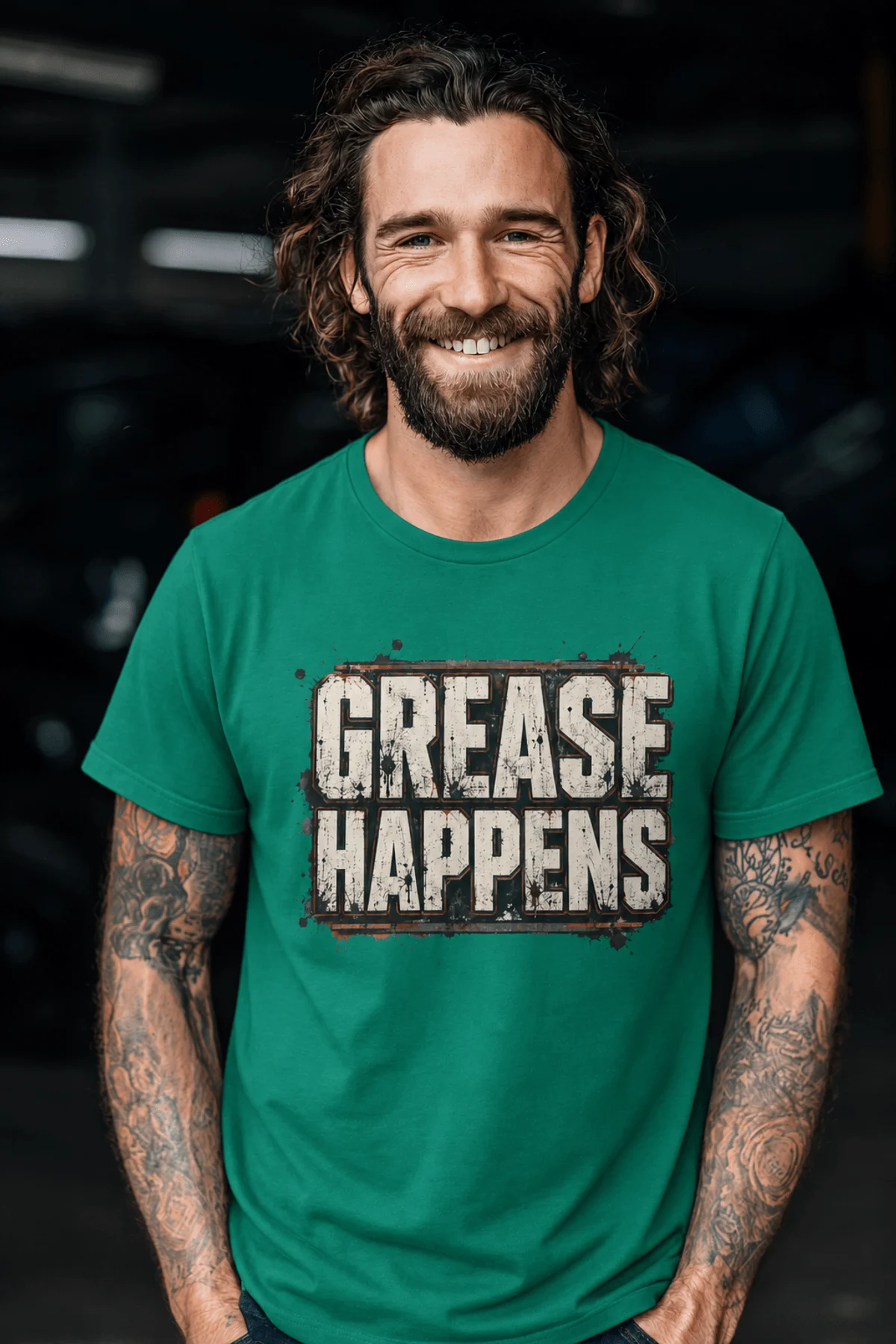 Grease Happens T-Shirt — Funny Mechanic Garage Tee — kelly — Model Grease Happens T-Shirt — Funny Mechanic Garage Tee — kelly t-shirt, model photo | Pressure Tested Co