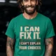 Sarcastic Mechanic T‑Shirt – "I Can Fix It. I Can't Explain Your Choices" Vintage Mechanic Shirt - DIY Repair Tee — kelly t-shirt, model photo | Pressure Tested Co