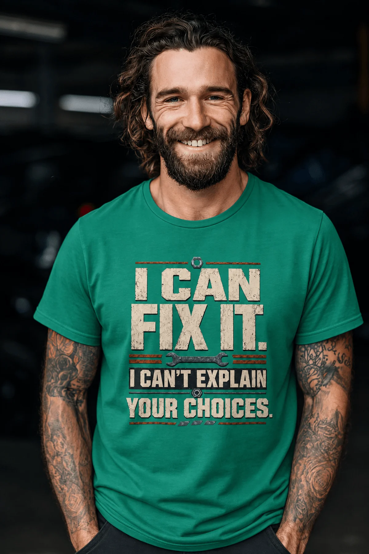 Sarcastic Mechanic T‑Shirt – "I Can Fix It. I Can't Explain Your Choices" Vintage Mechanic Shirt - DIY Repair Tee — kelly t-shirt, model photo | Pressure Tested Co
