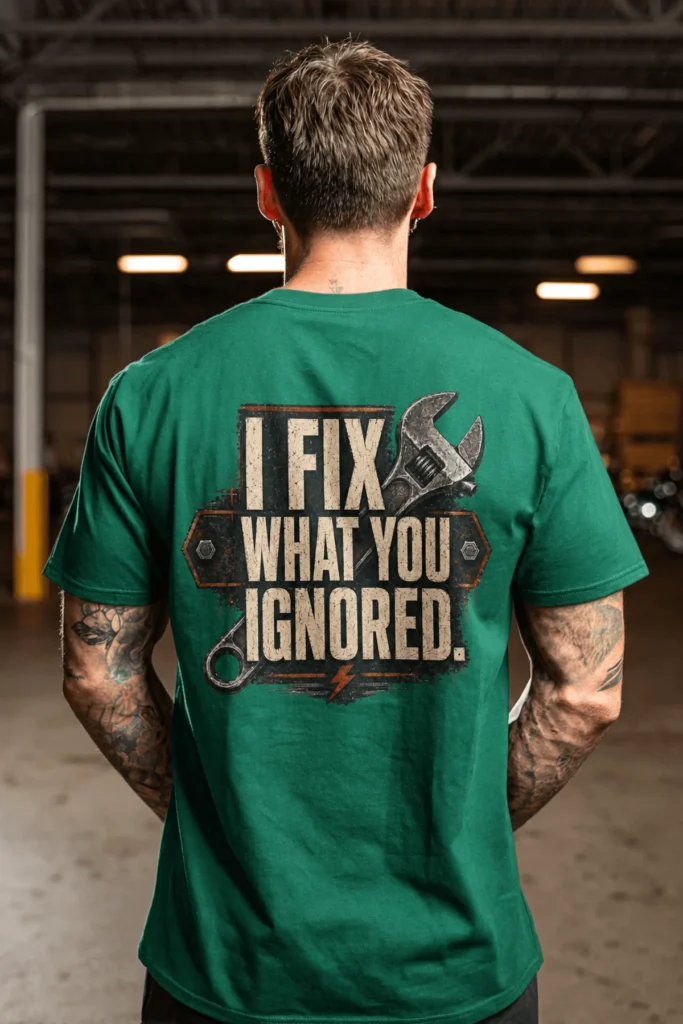 I Fix What You Ignored T-Shirt — Mechanic Wrench Tool Shirt for Technicians & DIYers — kelly t-shirt, model photo | Pressure Tested Co