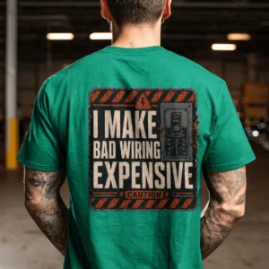 Funny Electrician Tech Tee - Back "I Make Bad Wiring Expensive" — Front "Wired For Success" Vintage Work Tee — kelly t-shirt, model photo | Pressure Tested Co