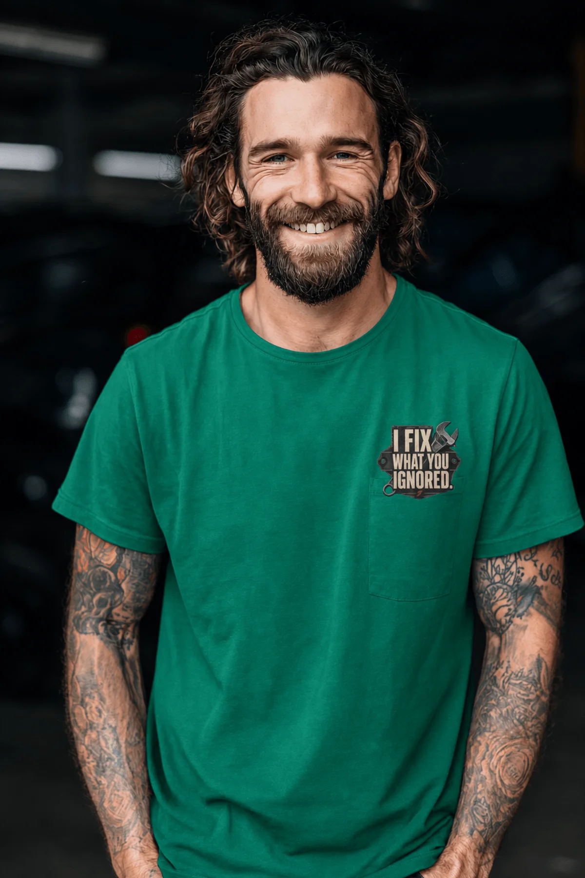 I Fix What You Ignored T-Shirt — Mechanic Wrench Tool Shirt for Technicians & DIYers — kelly — Model I Fix What You Ignored T-Shirt — Mechanic Wrench Tool Shirt for Technicians & DIYers — kelly t-shirt, model photo | Pressure Tested Co