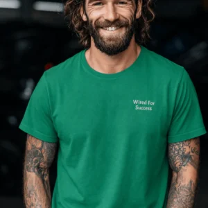 Funny Electrician Tech Tee - Back "I Make Bad Wiring Expensive" — Front "Wired For Success" Vintage Work Tee — kelly t-shirt, model photo | Pressure Tested Co