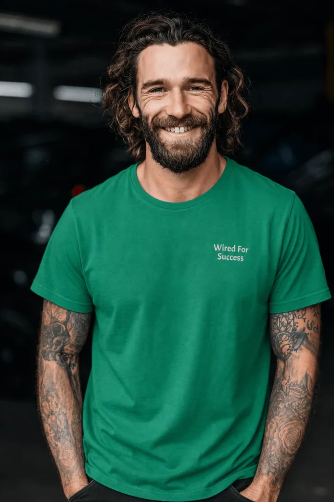 Funny Electrician Tech Tee - Back "I Make Bad Wiring Expensive" — Front "Wired For Success" Vintage Work Tee — kelly t-shirt, model photo | Pressure Tested Co