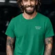 Funny Electrician Tech Tee - Back "I Make Bad Wiring Expensive" — Front "Wired For Success" Vintage Work Tee — kelly — Model Funny Electrician Tech Tee - Back "I Make Bad Wiring Expensive" — Front "Wired For Success" Vintage Work Tee — kelly t-shirt, model photo | Pressure Tested Co