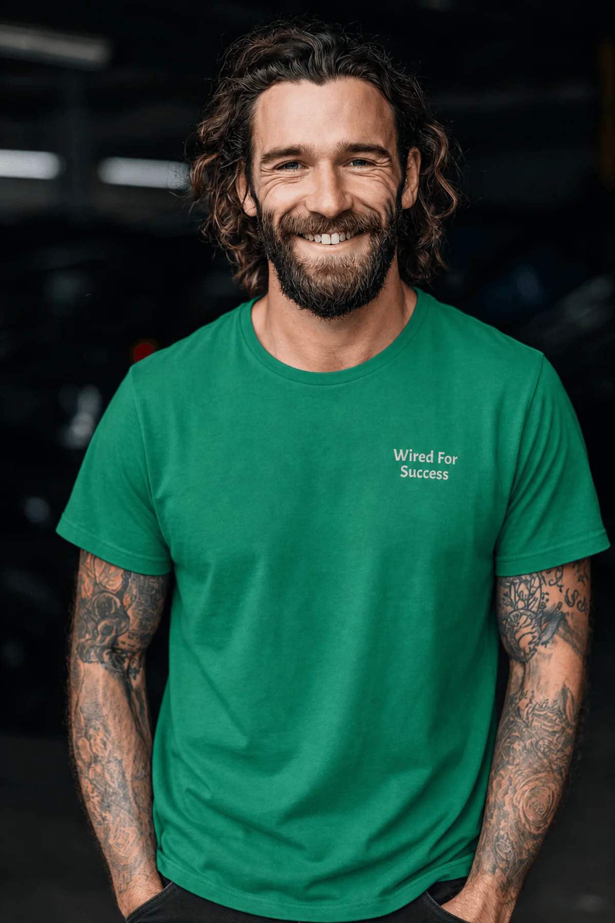Funny Electrician Tech Tee - Back "I Make Bad Wiring Expensive" — Front "Wired For Success" Vintage Work Tee — kelly — Model Funny Electrician Tech Tee - Back "I Make Bad Wiring Expensive" — Front "Wired For Success" Vintage Work Tee — kelly t-shirt, model photo | Pressure Tested Co