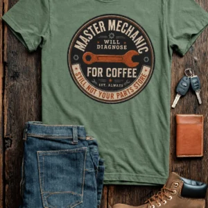 Mechanic T-Shirt — "Master Mechanic: Will Diagnose for Coffee" Retro Wrench Tee - Image 16