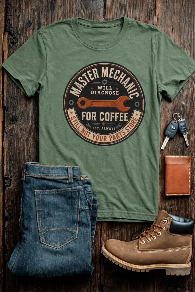 Mechanic T-Shirt — "Master Mechanic: Will Diagnose for Coffee" Retro Wrench Tee