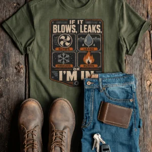 HVAC Technician T‑Shirt — "If It Blows, Leaks, Freezes or Burns I'm In" Retro Tradesmen Tee — military-green t-shirt, flat-lay product photo | Pressure Tested Co
