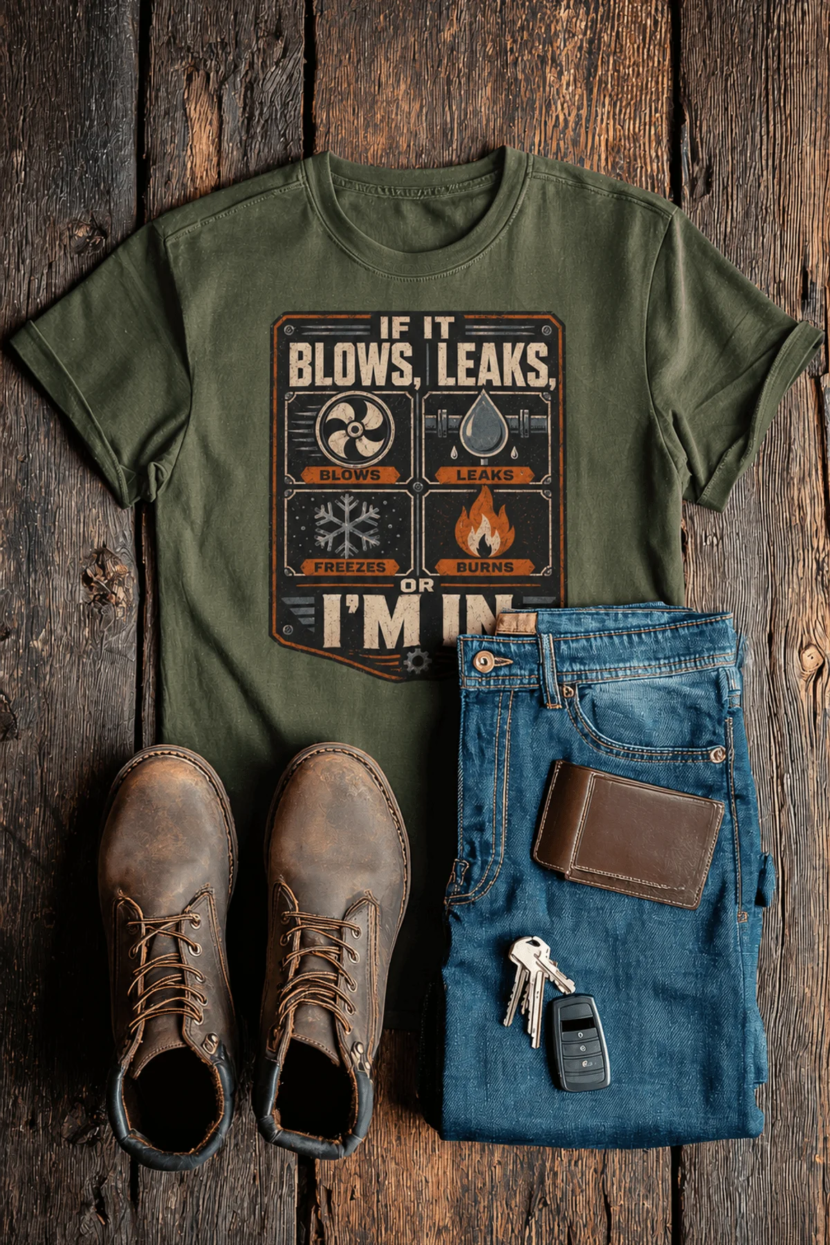 HVAC Technician T‑Shirt — "If It Blows, Leaks, Freezes or Burns I'm In" Retro Tradesmen Tee — military-green — Flat-lay HVAC Technician T‑Shirt — "If It Blows, Leaks, Freezes or Burns I'm In" Retro Tradesmen Tee — military-green t-shirt, flat-lay product photo | Pressure Tested Co