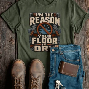 Plumber T‑Shirt – "I'm the Reason Your Floor Is Dry" Vintage Plumbing Tee — military-green t-shirt, flat-lay product photo | Pressure Tested Co