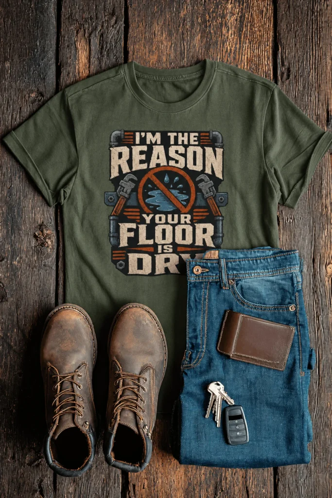 Plumber T‑Shirt – "I'm the Reason Your Floor Is Dry" Vintage Plumbing Tee — military-green t-shirt, flat-lay product photo | Pressure Tested Co