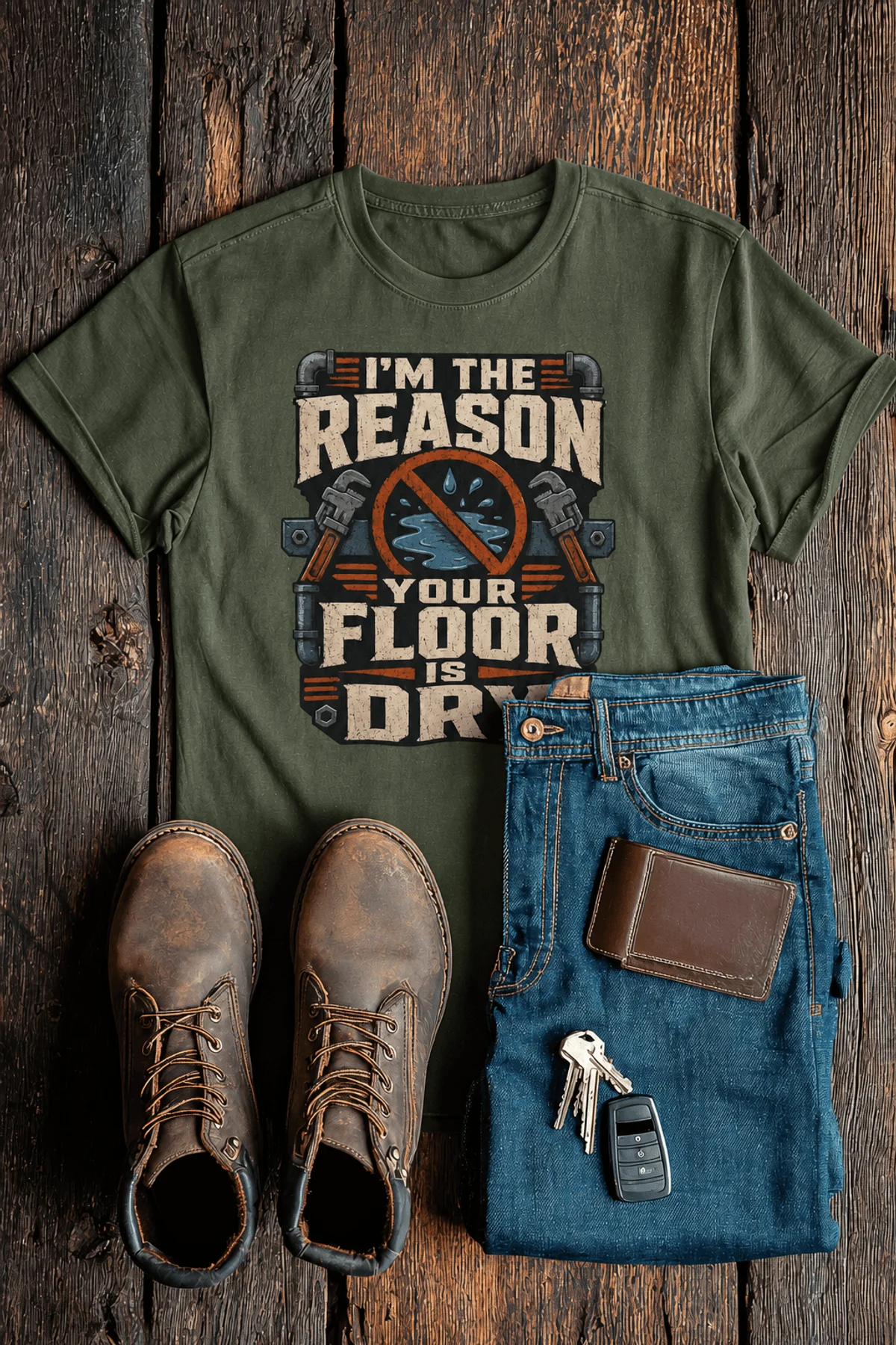 Plumber T‑Shirt – "I'm the Reason Your Floor Is Dry" Vintage Plumbing Tee — military-green — Flat-lay Plumber T‑Shirt – "I'm the Reason Your Floor Is Dry" Vintage Plumbing Tee — military-green t-shirt, flat-lay product photo | Pressure Tested Co