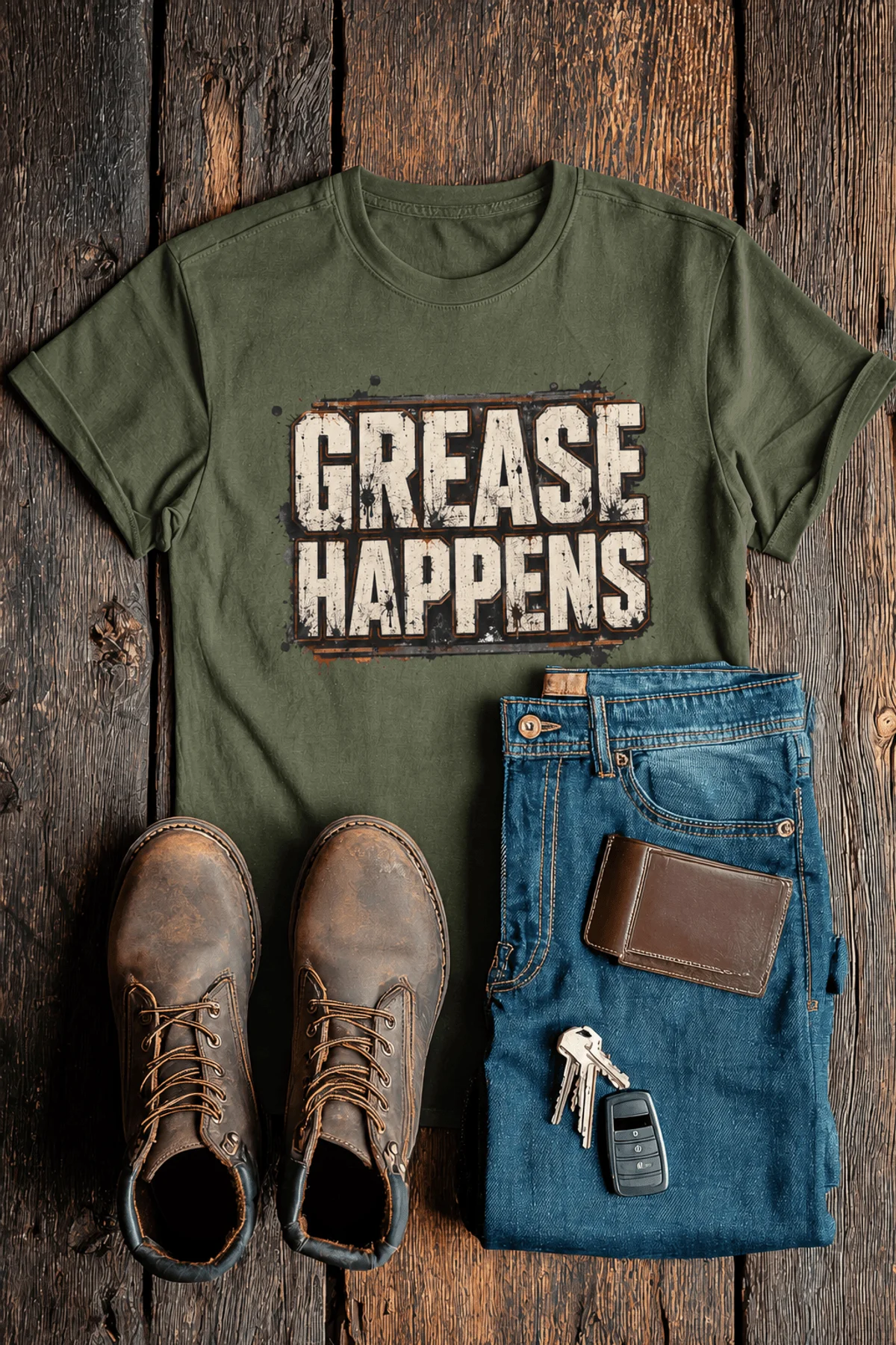 Grease Happens T-Shirt — Funny Mechanic Garage Tee — military-green — Flat-lay Grease Happens T-Shirt — Funny Mechanic Garage Tee — military-green t-shirt, flat-lay product photo | Pressure Tested Co
