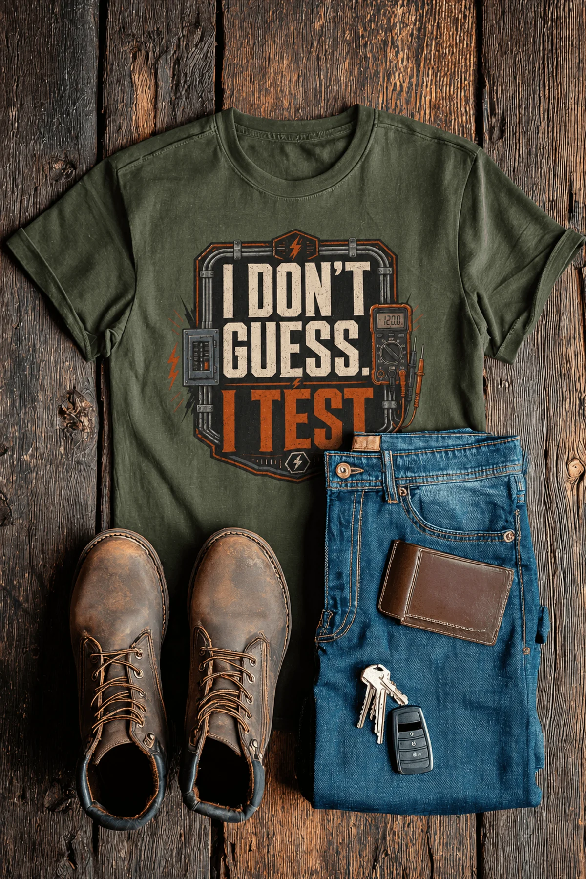 I Don't Guess I Test T-Shirt — Funny Tech Tee for Engineers and Electricians — military-green — Flat-lay I Don't Guess I Test T-Shirt — Funny Tech Tee for Engineers and Electricians — military-green t-shirt, flat-lay product photo | Pressure Tested Co