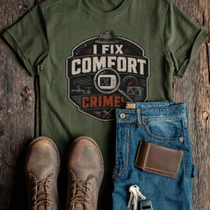 Funny HVAC Tech Tee "I Fix Comfort Crimes" — Furnace and Air Tech Work Tee — military-green t-shirt, flat-lay product photo | Pressure Tested Co