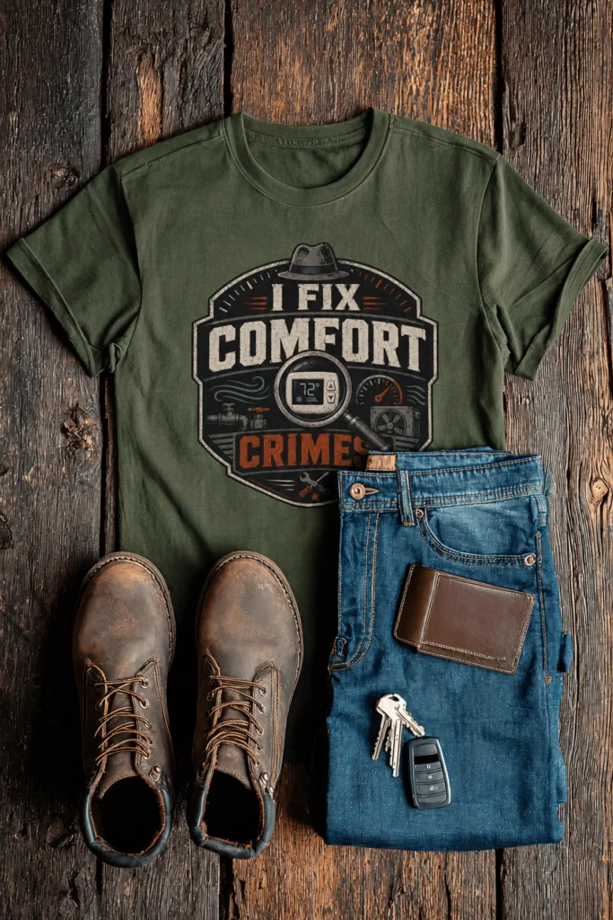 Funny HVAC Tech Tee "I Fix Comfort Crimes" — Furnace and Air Tech Work Tee — military-green t-shirt, flat-lay product photo | Pressure Tested Co