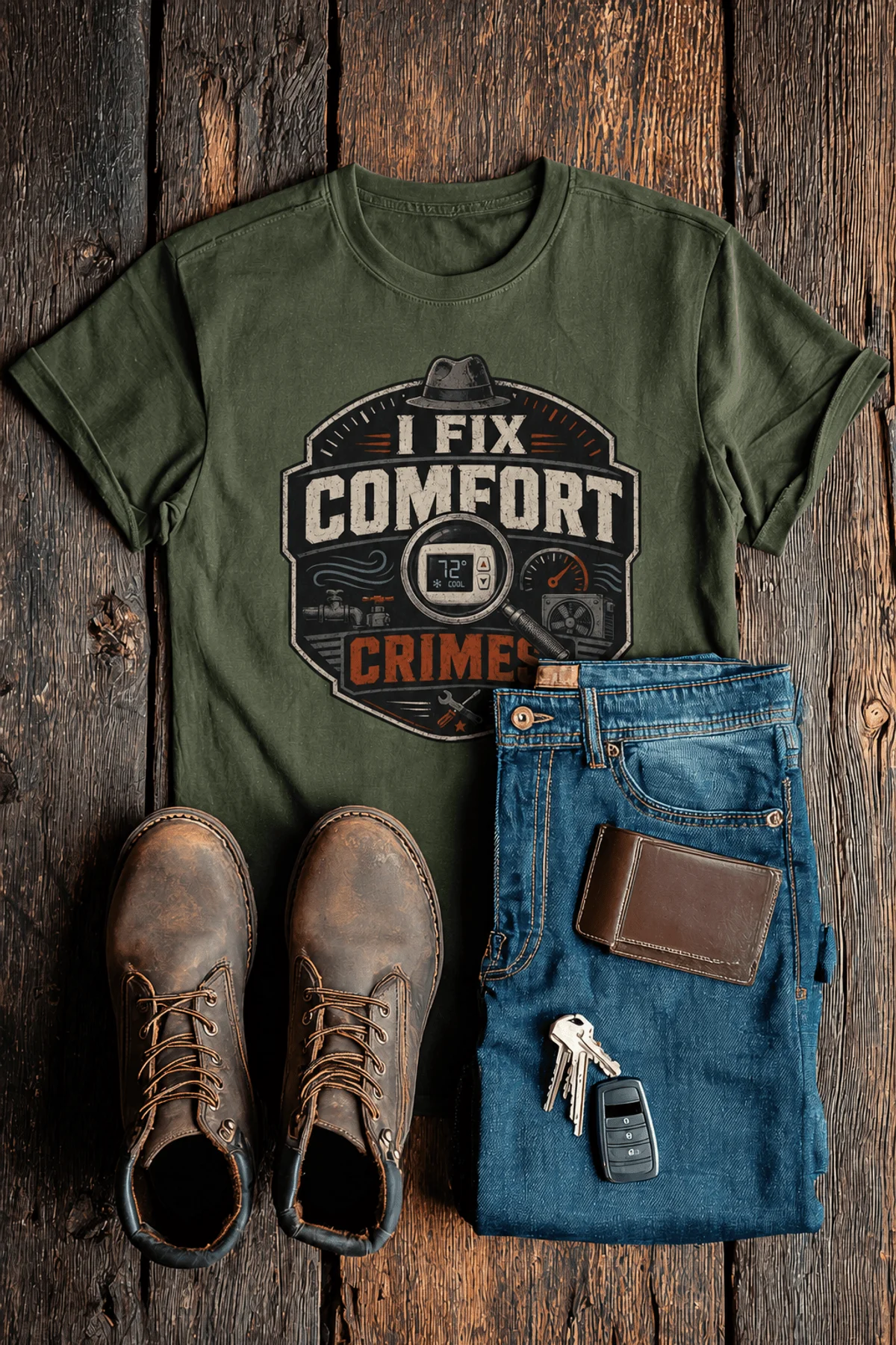 Funny HVAC Tech Tee "I Fix Comfort Crimes" — Furnace and Air Tech Work Tee — military-green — Flat-lay Funny HVAC Tech Tee "I Fix Comfort Crimes" — Furnace and Air Tech Work Tee — military-green t-shirt, flat-lay product photo | Pressure Tested Co