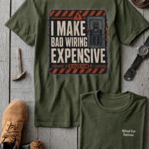 Funny Electrician Tech Tee - Back "I Make Bad Wiring Expensive" — Front "Wired For Success" Vintage Work Tee — military-green t-shirt, flat-lay product photo | Pressure Tested Co