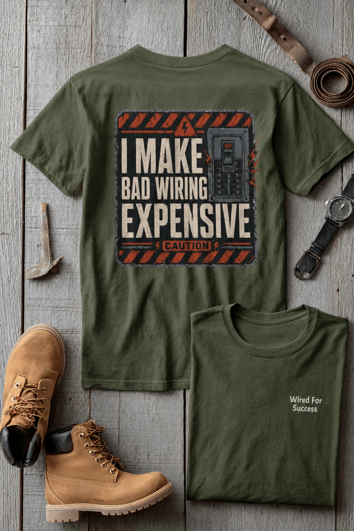 Funny Electrician Tech Tee - Back "I Make Bad Wiring Expensive" — Front "Wired For Success" Vintage Work Tee — military-green — Flat-lay Funny Electrician Tech Tee - Back "I Make Bad Wiring Expensive" — Front "Wired For Success" Vintage Work Tee — military-green t-shirt, flat-lay product photo | Pressure Tested Co