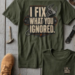 I Fix What You Ignored T-Shirt — Mechanic Wrench Tool Shirt for Technicians & DIYers — military-green t-shirt, flat-lay product photo | Pressure Tested Co