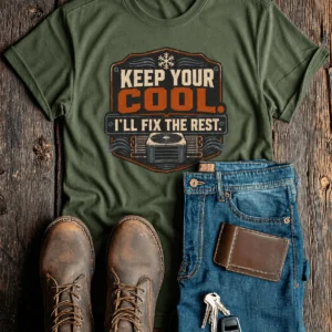 Funny HVAC Tee Shirt "Keep Your Cool. I'll Fix The Rest." T-Shirt – Vintage GraphicTee — military-green t-shirt, flat-lay product photo | Pressure Tested Co