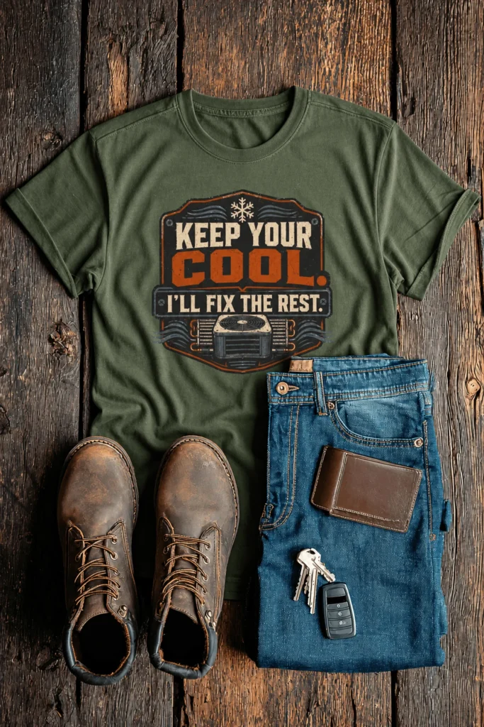 Funny HVAC Tee Shirt "Keep Your Cool. I'll Fix The Rest." T-Shirt – Vintage GraphicTee — military-green t-shirt, flat-lay product photo | Pressure Tested Co