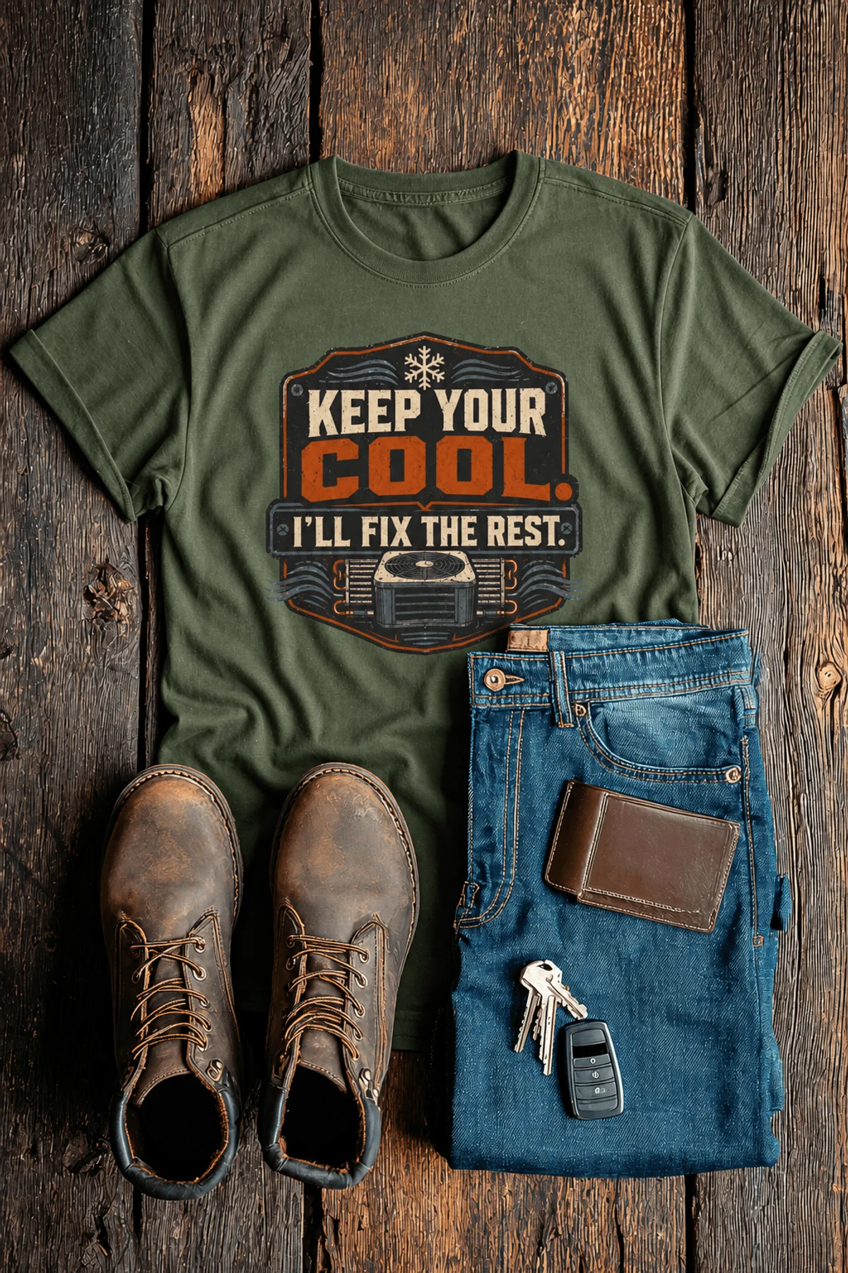 Funny HVAC Tee Shirt "Keep Your Cool. I'll Fix The Rest." T-Shirt – Vintage GraphicTee — military-green — Flat-lay Funny HVAC Tee Shirt "Keep Your Cool. I'll Fix The Rest." T-Shirt – Vintage GraphicTee — military-green t-shirt, flat-lay product photo | Pressure Tested Co