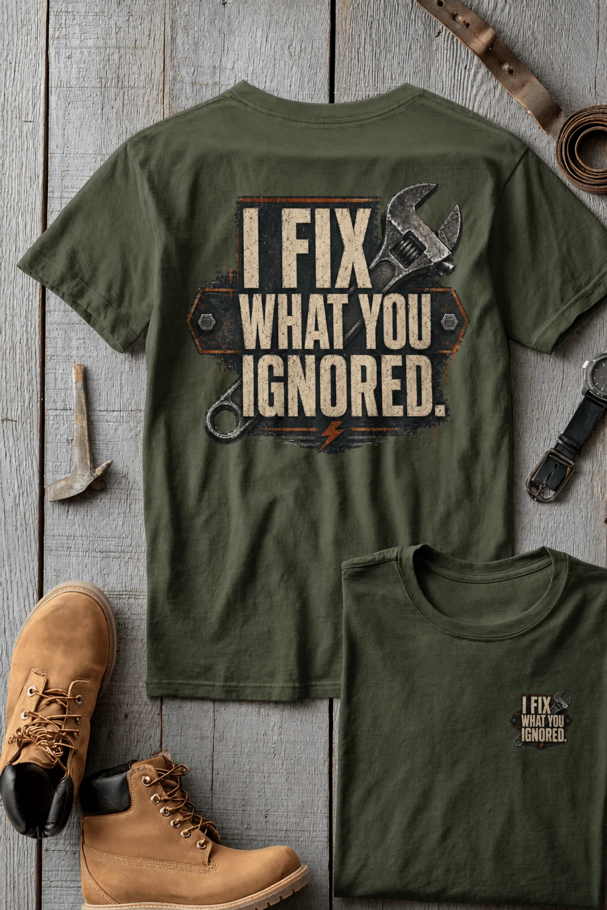 I Fix What You Ignored T-Shirt — Mechanic Wrench Tool Shirt for Technicians & DIYers — military-green — Flat-lay I Fix What You Ignored T-Shirt — Mechanic Wrench Tool Shirt for Technicians & DIYers — military-green t-shirt, flat-lay product photo | Pressure Tested Co