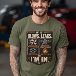 HVAC Technician T‑Shirt — "If It Blows, Leaks, Freezes or Burns I'm In" Retro Tradesmen Tee — military-green t-shirt, model photo | Pressure Tested Co
