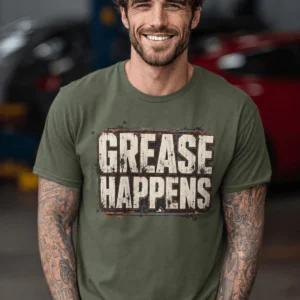 Grease Happens T-Shirt — Funny Mechanic Garage Tee — military-green t-shirt, model photo | Pressure Tested Co
