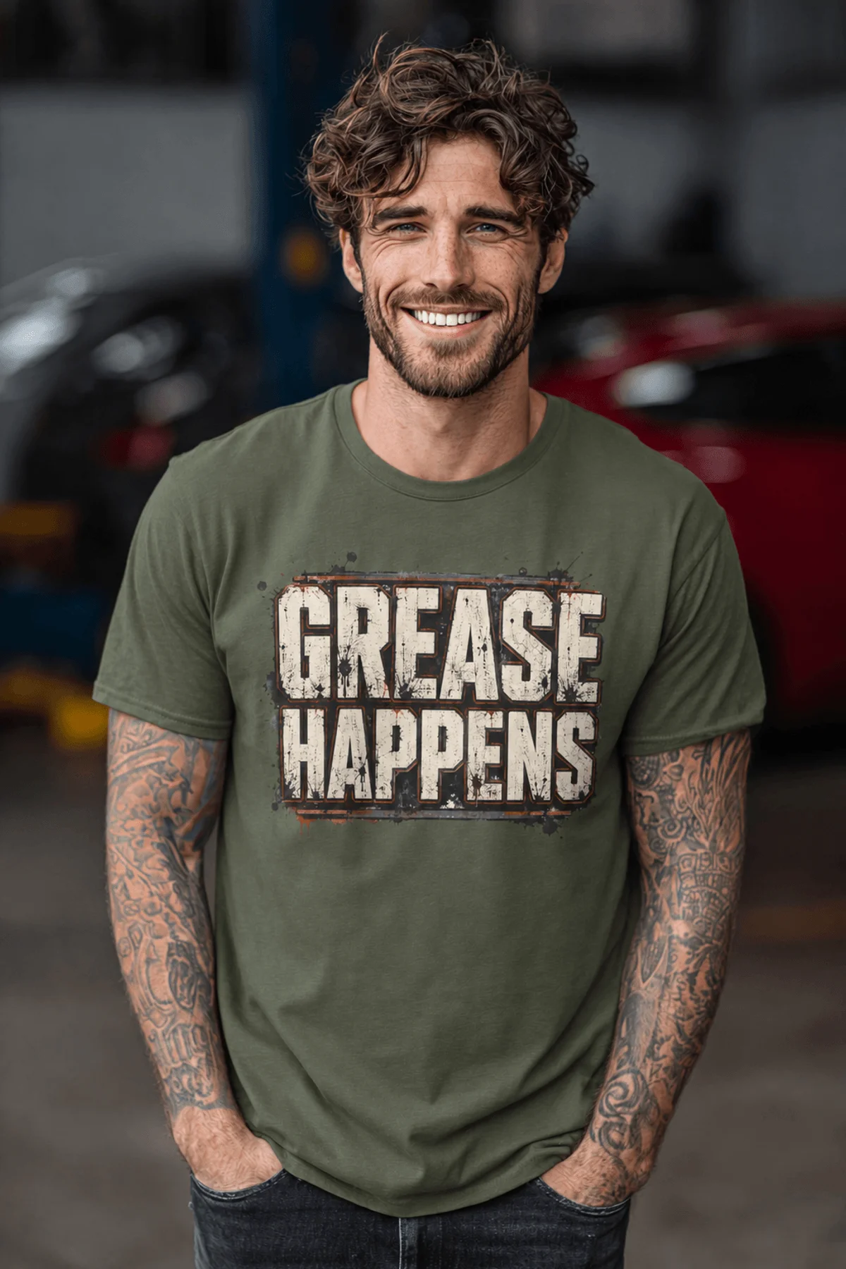 Grease Happens T-Shirt — Funny Mechanic Garage Tee — military-green — Model Grease Happens T-Shirt — Funny Mechanic Garage Tee — military-green t-shirt, model photo | Pressure Tested Co