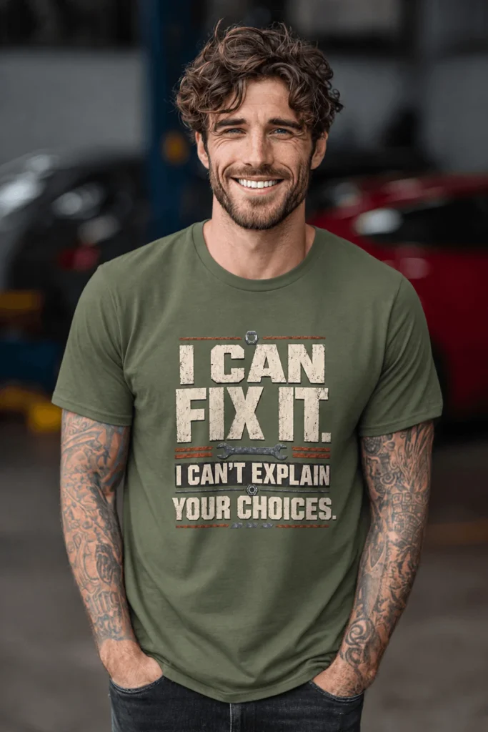 Sarcastic Mechanic T‑Shirt – "I Can Fix It. I Can't Explain Your Choices" Vintage Mechanic Shirt - DIY Repair Tee — military-green t-shirt, model photo | Pressure Tested Co