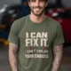 Sarcastic Mechanic T‑Shirt – "I Can Fix It. I Can't Explain Your Choices" Vintage Mechanic Shirt - DIY Repair Tee — military-green t-shirt, model photo | Pressure Tested Co