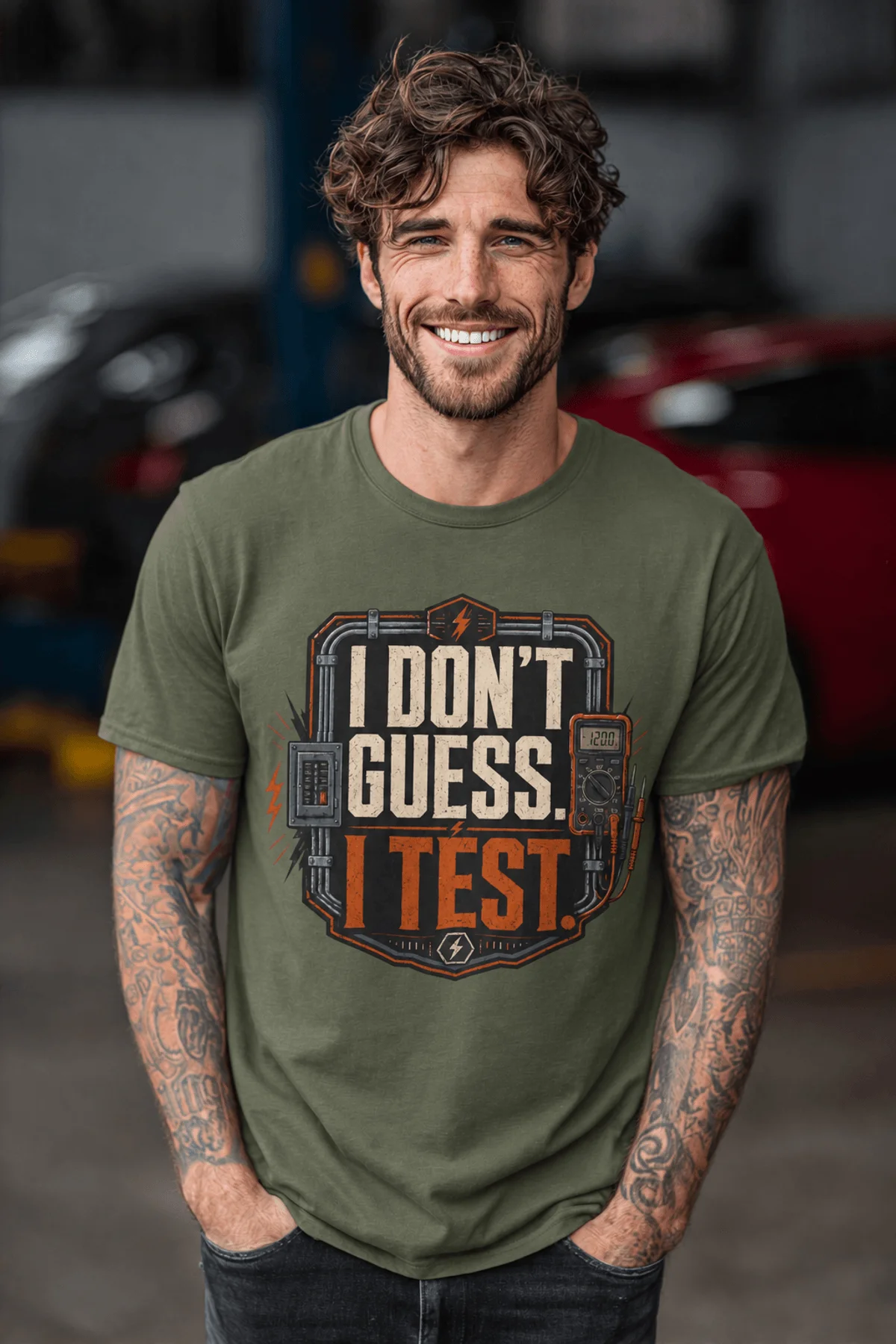 I Don't Guess I Test T-Shirt — Funny Tech Tee for Engineers and Electricians — military-green — Model I Don't Guess I Test T-Shirt — Funny Tech Tee for Engineers and Electricians — military-green t-shirt, model photo | Pressure Tested Co