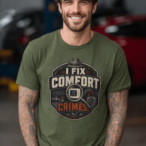 Funny HVAC Tech Tee "I Fix Comfort Crimes" — Furnace and Air Tech Work Tee — military-green t-shirt, model photo | Pressure Tested Co