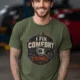 Funny HVAC Tech Tee "I Fix Comfort Crimes" — Furnace and Air Tech Work Tee — military-green — Model Funny HVAC Tech Tee "I Fix Comfort Crimes" — Furnace and Air Tech Work Tee — military-green t-shirt, model photo | Pressure Tested Co