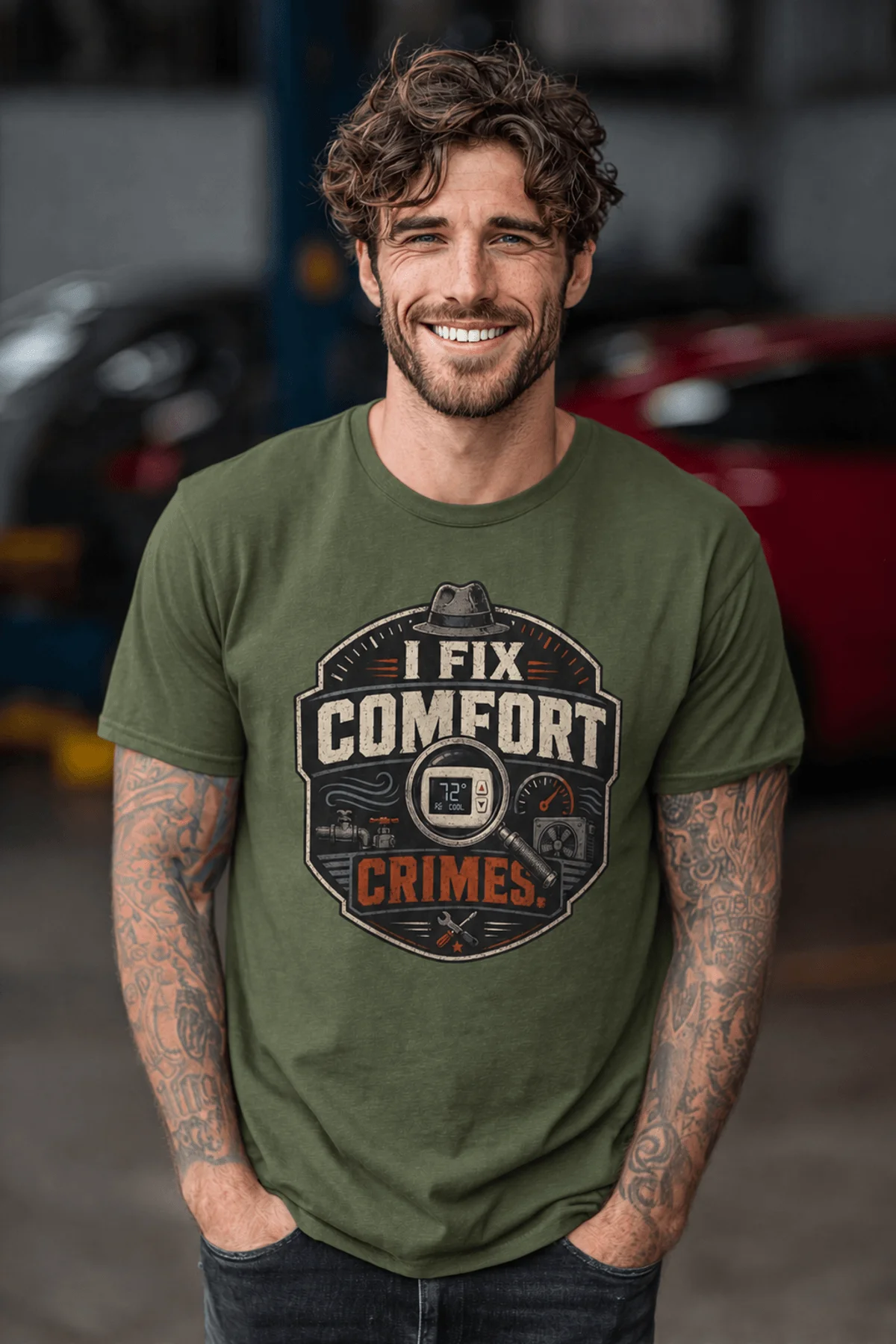 Funny HVAC Tech Tee "I Fix Comfort Crimes" — Furnace and Air Tech Work Tee — military-green — Model Funny HVAC Tech Tee "I Fix Comfort Crimes" — Furnace and Air Tech Work Tee — military-green t-shirt, model photo | Pressure Tested Co