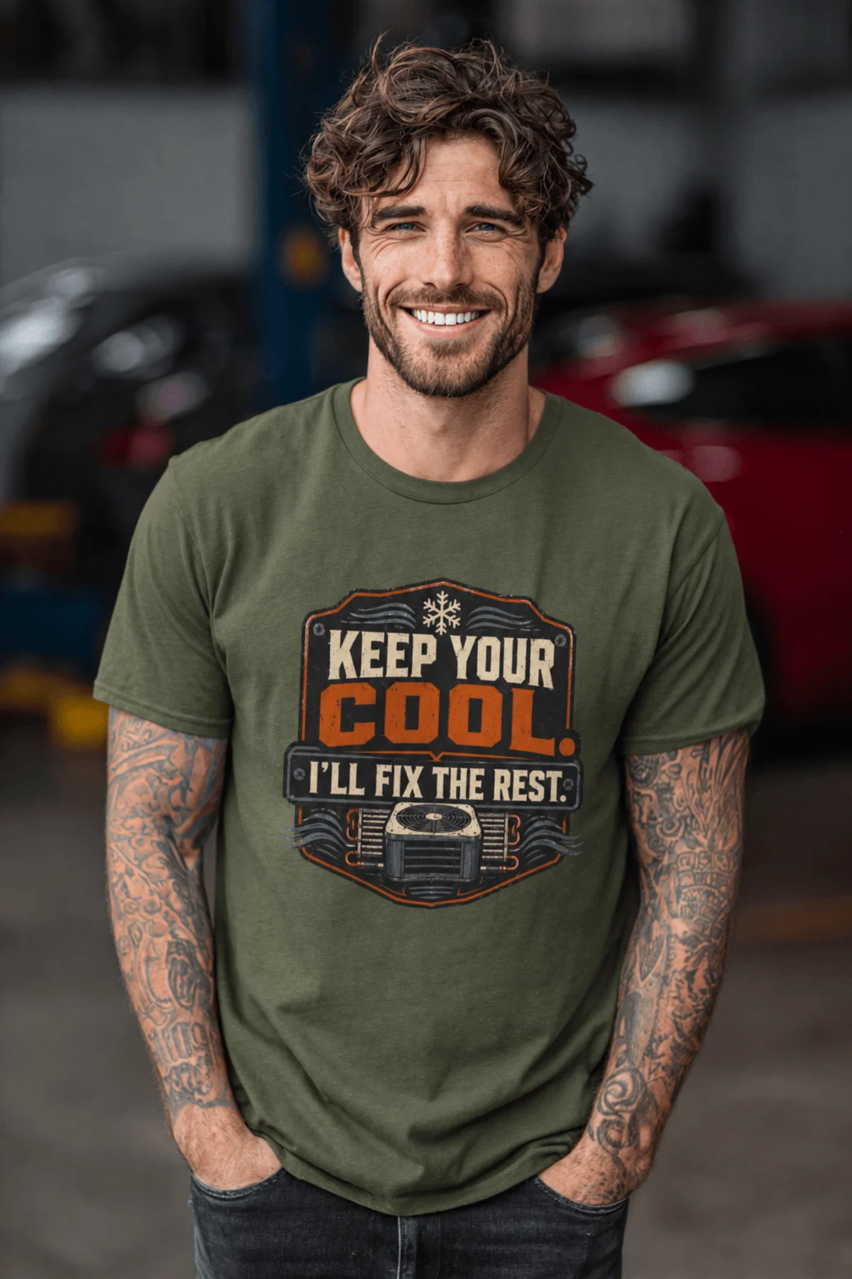 Funny HVAC Tee Shirt "Keep Your Cool. I'll Fix The Rest." T-Shirt – Vintage GraphicTee — military-green — Model Funny HVAC Tee Shirt "Keep Your Cool. I'll Fix The Rest." T-Shirt – Vintage GraphicTee — military-green t-shirt, model photo | Pressure Tested Co