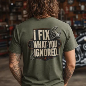 I Fix What You Ignored T-Shirt — Mechanic Wrench Tool Shirt for Technicians & DIYers — military-green t-shirt, model photo | Pressure Tested Co