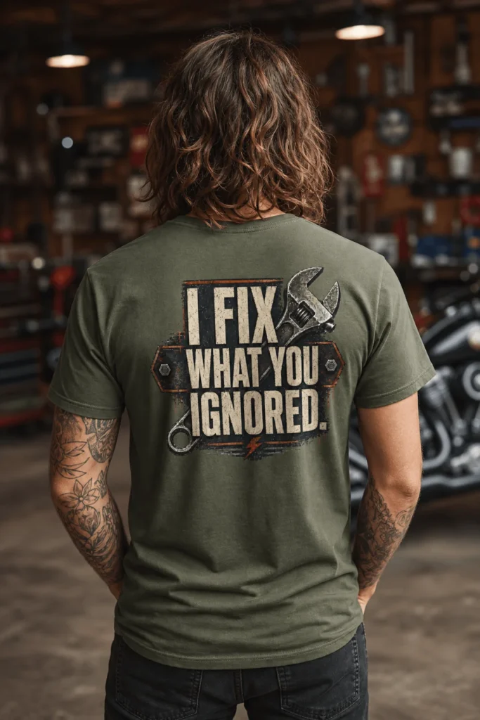 I Fix What You Ignored T-Shirt — Mechanic Wrench Tool Shirt for Technicians & DIYers — military-green t-shirt, model photo | Pressure Tested Co