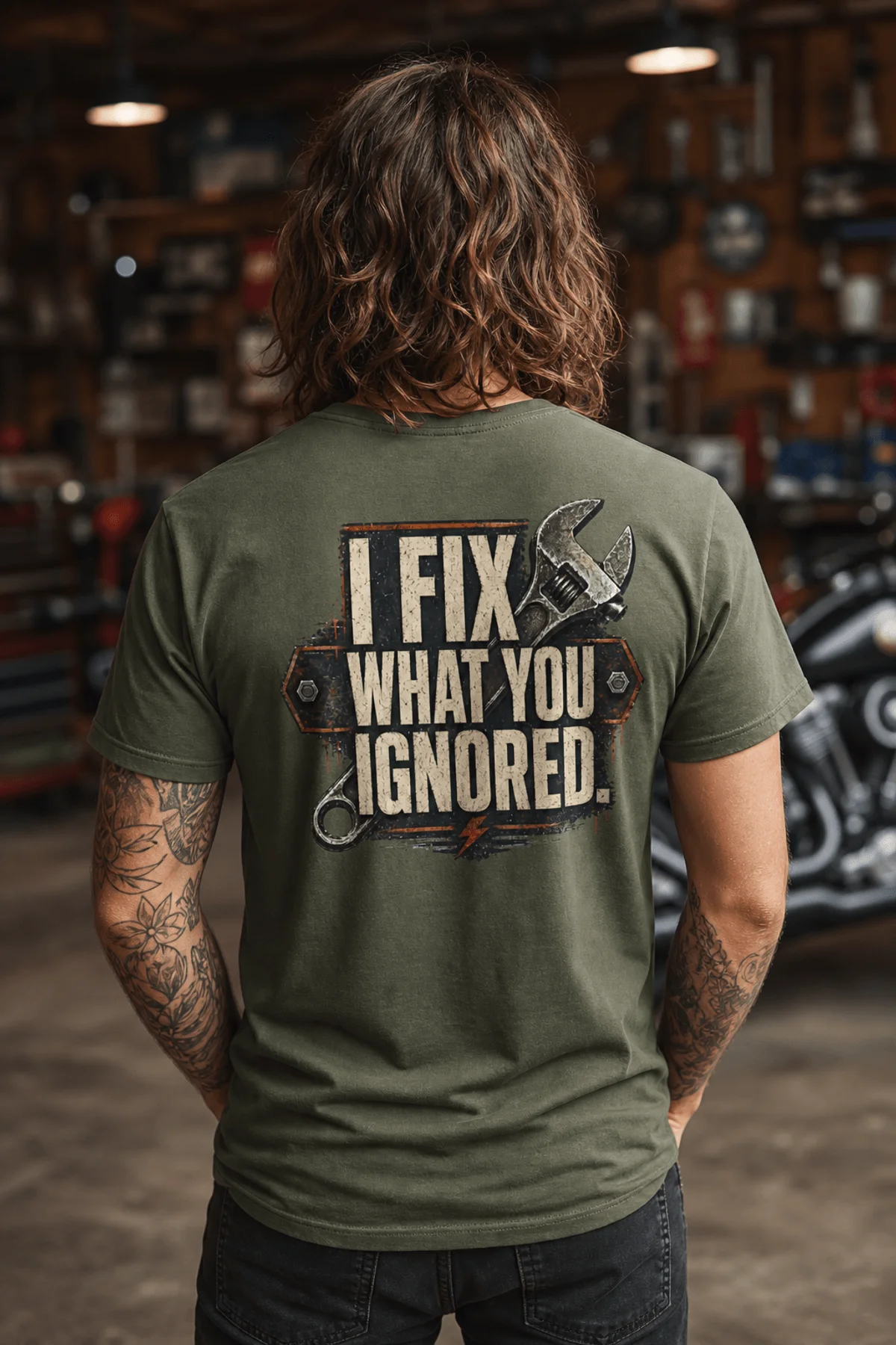I Fix What You Ignored T-Shirt — Mechanic Wrench Tool Shirt for Technicians & DIYers — military-green — Model I Fix What You Ignored T-Shirt — Mechanic Wrench Tool Shirt for Technicians & DIYers — military-green t-shirt, model photo | Pressure Tested Co