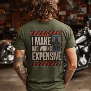 Funny Electrician Tech Tee - Back "I Make Bad Wiring Expensive" — Front "Wired For Success" Vintage Work Tee — military-green t-shirt, model photo | Pressure Tested Co