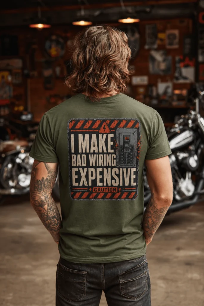 Funny Electrician Tech Tee - Back "I Make Bad Wiring Expensive" — Front "Wired For Success" Vintage Work Tee — military-green t-shirt, model photo | Pressure Tested Co