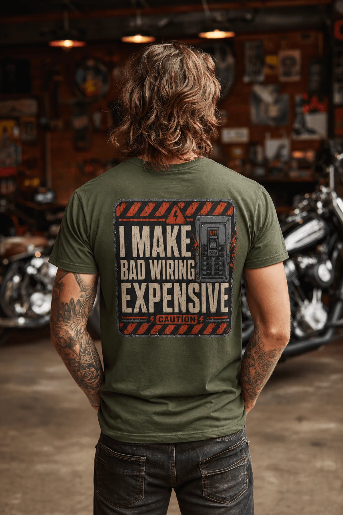 Funny Electrician Tech Tee - Back "I Make Bad Wiring Expensive" — Front "Wired For Success" Vintage Work Tee — military-green — Model Funny Electrician Tech Tee - Back "I Make Bad Wiring Expensive" — Front "Wired For Success" Vintage Work Tee — military-green t-shirt, model photo | Pressure Tested Co