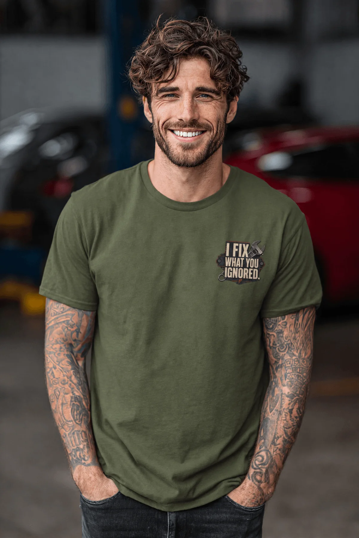 I Fix What You Ignored T-Shirt — Mechanic Wrench Tool Shirt for Technicians & DIYers — military-green — Model I Fix What You Ignored T-Shirt — Mechanic Wrench Tool Shirt for Technicians & DIYers — military-green t-shirt, model photo | Pressure Tested Co