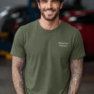 Funny Electrician Tech Tee - Back "I Make Bad Wiring Expensive" — Front "Wired For Success" Vintage Work Tee — military-green t-shirt, model photo | Pressure Tested Co